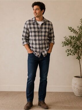 7 For All Mankind Men's Black and White Plaid Shirt